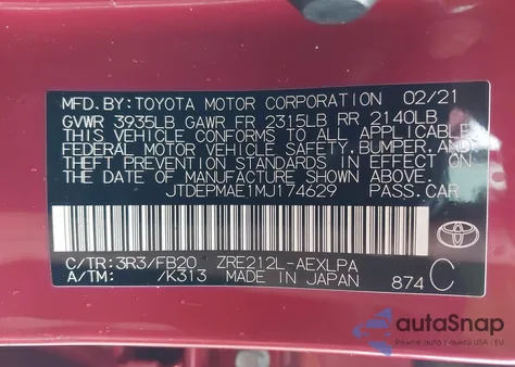 2021 Toyota Corolla Le z USA, uszkodzony, nr VIN JTDEPMAE1MJ174629